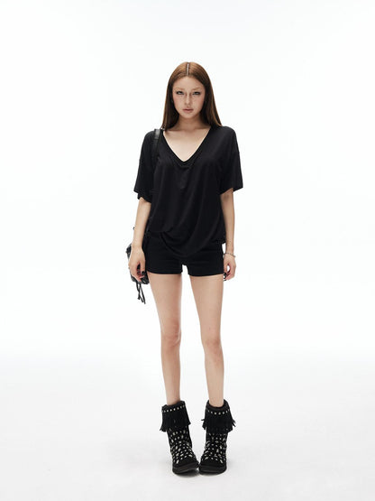 iamxiaa Drapey Soft Deep V Drop Shoulder Half Sleeve Loose Women&