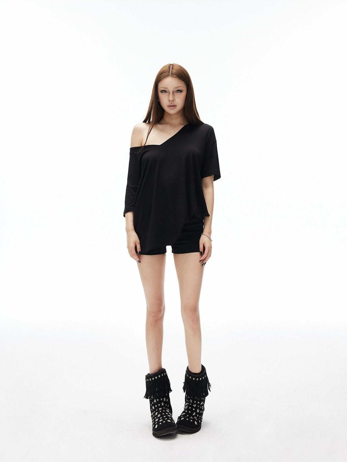 iamxiaa Drapey Soft Deep V Drop Shoulder Half Sleeve Loose Women&