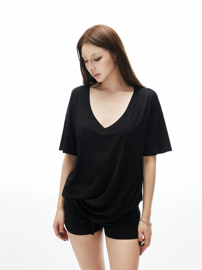 iamxiaa Drapey Soft Deep V Drop Shoulder Half Sleeve Loose Women&