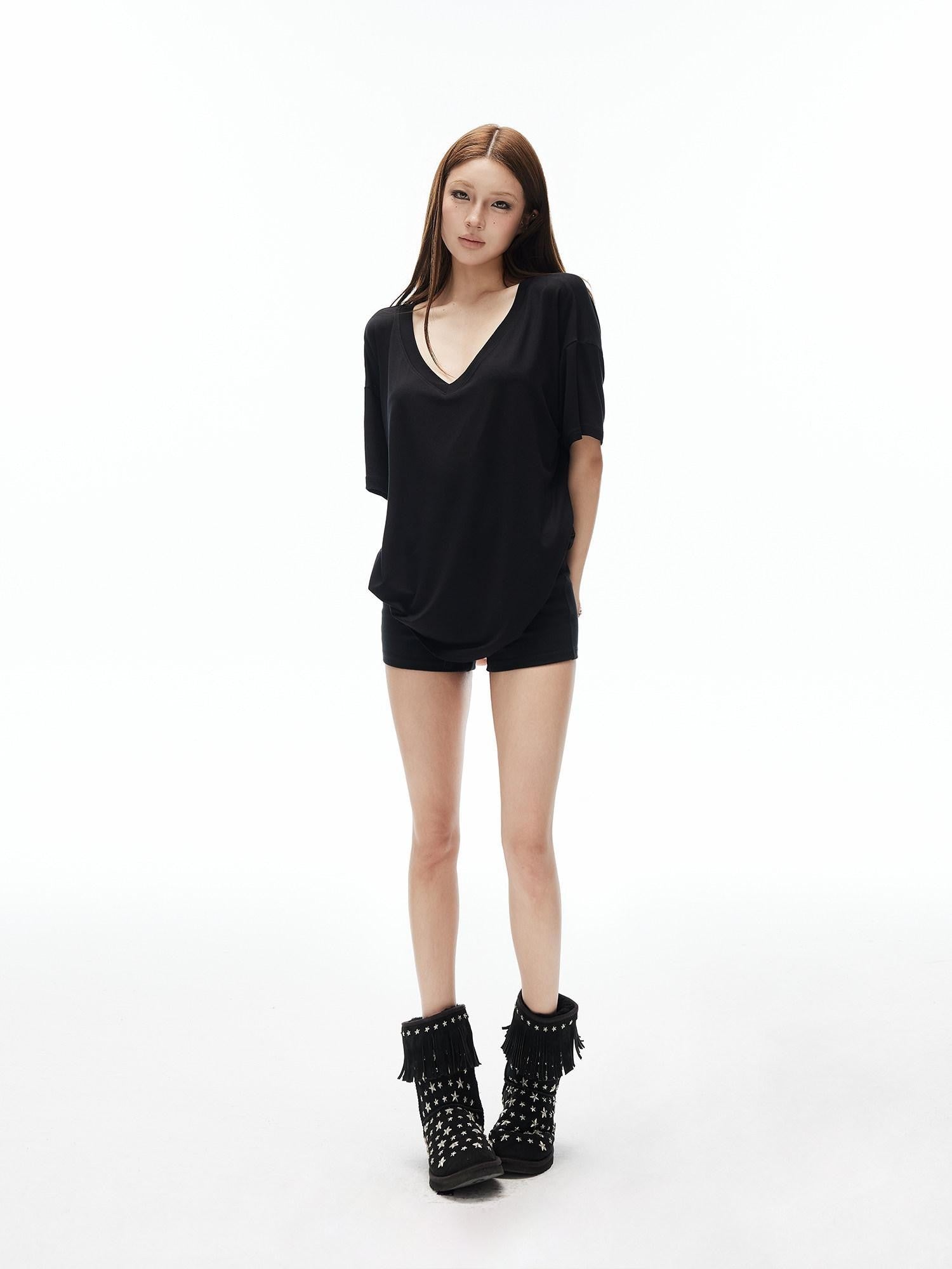 iamxiaa Drapey Soft Deep V Drop Shoulder Half Sleeve Loose Women&