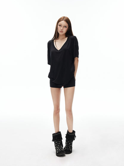 iamxiaa Drapey Soft Deep V Drop Shoulder Half Sleeve Loose Women&