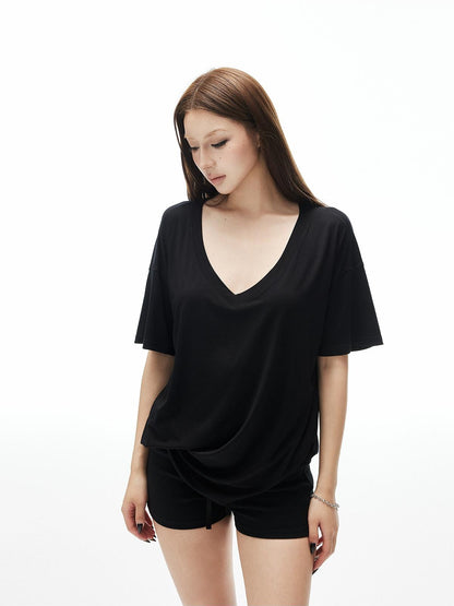 iamxiaa Drapey Soft Deep V Drop Shoulder Half Sleeve Loose Women&