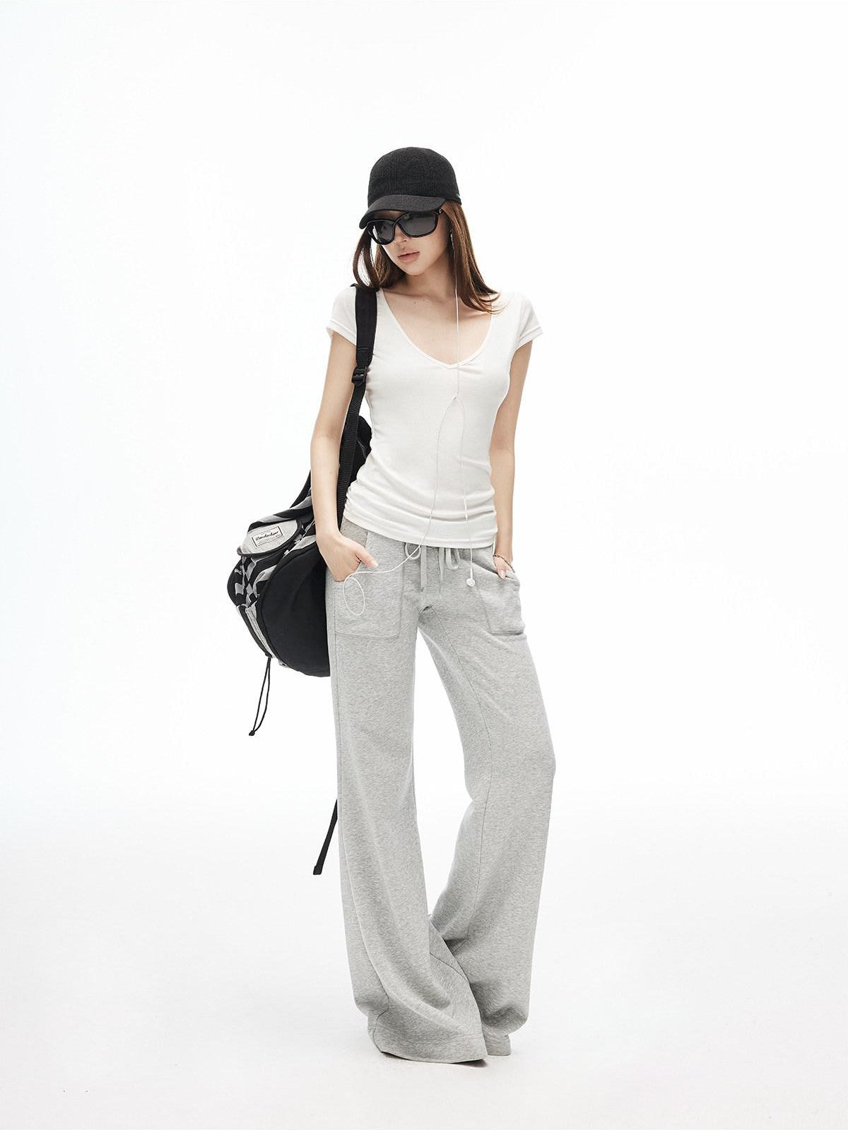 iamxiaa Drawstring Low Rise Patch Pockets Micro Flare Women&