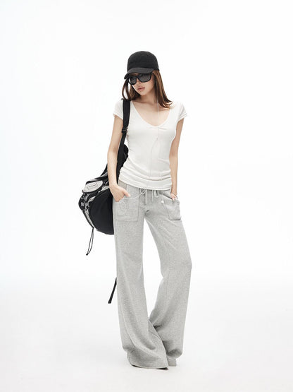 iamxiaa Drawstring Low Rise Patch Pockets Micro Flare Women&