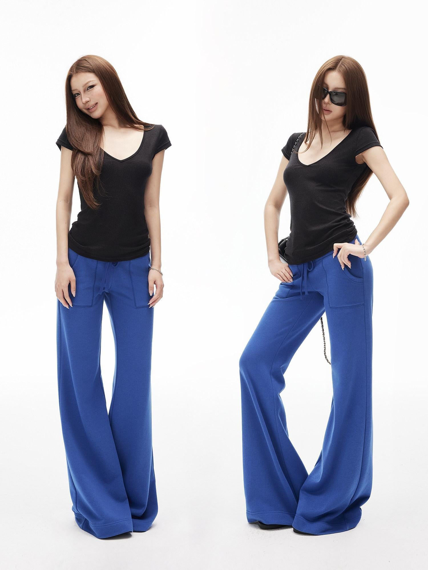 iamxiaa Drawstring Low Rise Patch Pockets Micro Flare Women&