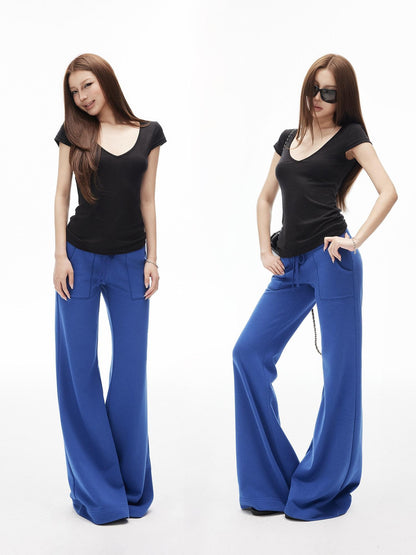 iamxiaa Drawstring Low Rise Patch Pockets Micro Flare Women&