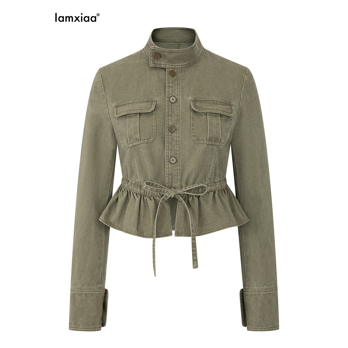 iamxiaa_Drawstring_Ruffle_Hem_Stand_Collar_Cropped_Cotton_Women&