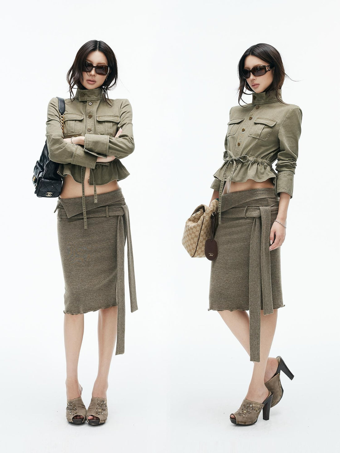 iamxiaa Drawstring Ruffle Hem Stand Collar Cropped Cotton Women&