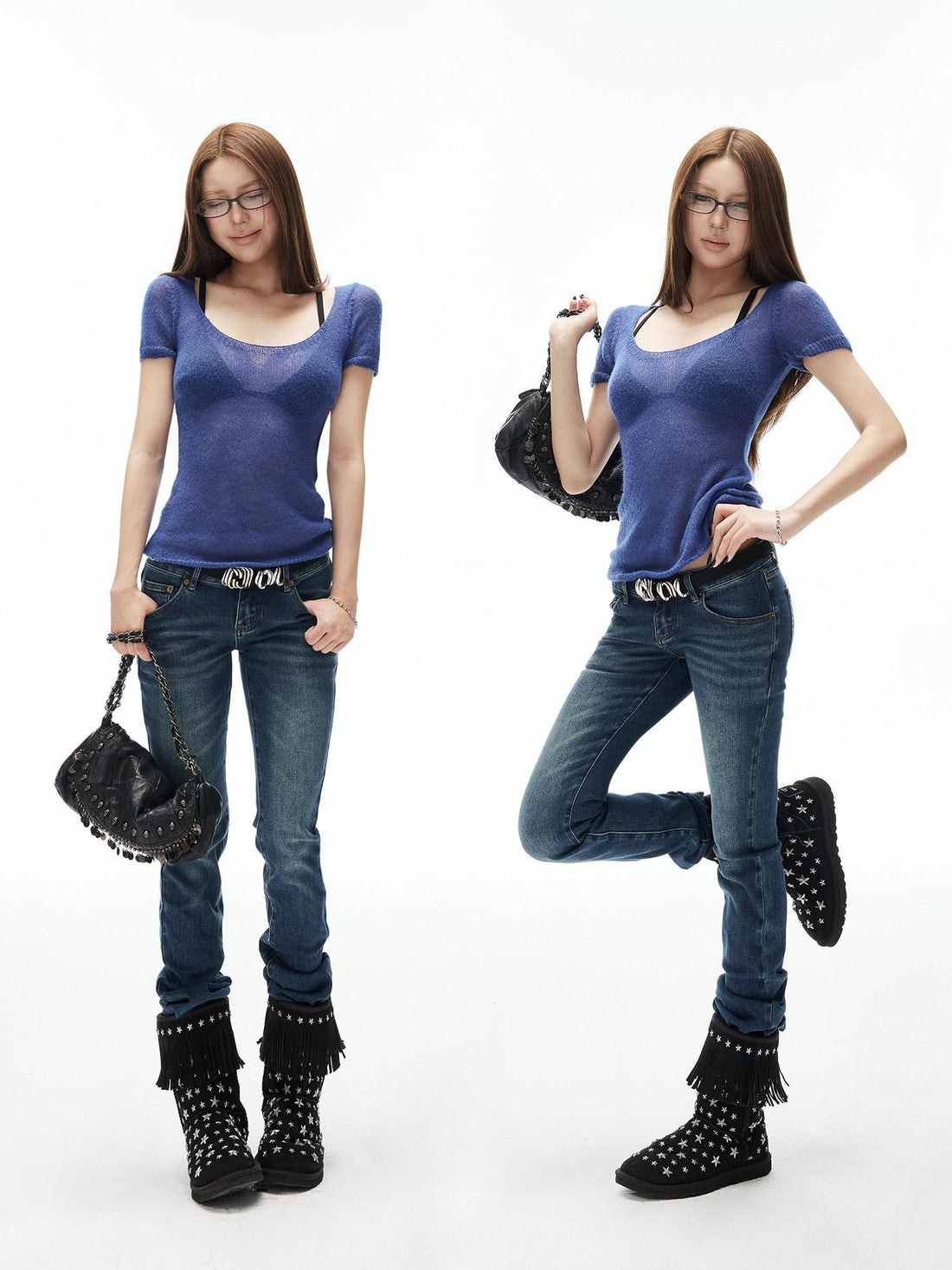 iamxiaa Dreamy Sheer Knit Wide Neck Slim Women&