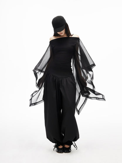 iamxiaa Embroidered Low Rise Pleated Wide Waist Drawstring Relaxed Lantern Women&