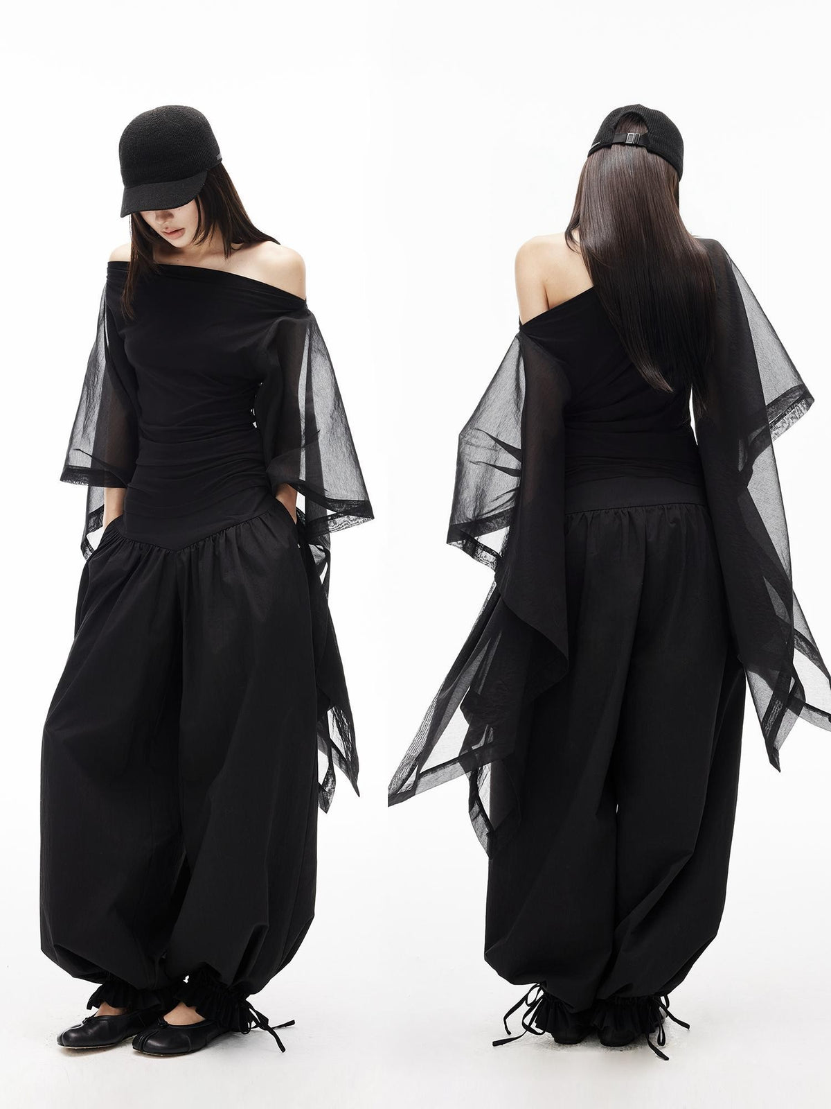 iamxiaa Embroidered Low Rise Pleated Wide Waist Drawstring Relaxed Lantern Women&