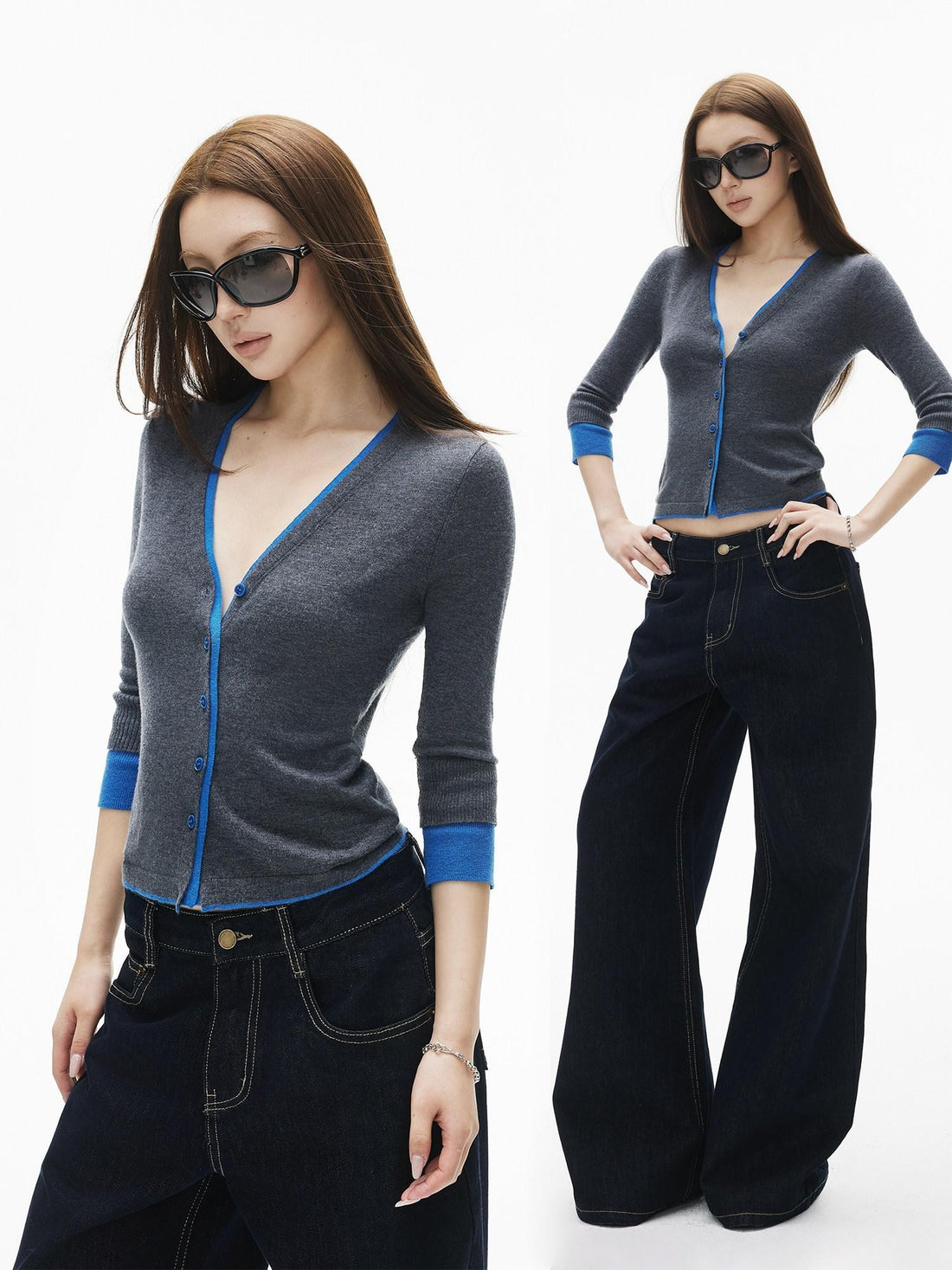 iamxiaa Eye Catching Contrast Trim V-neck Women&