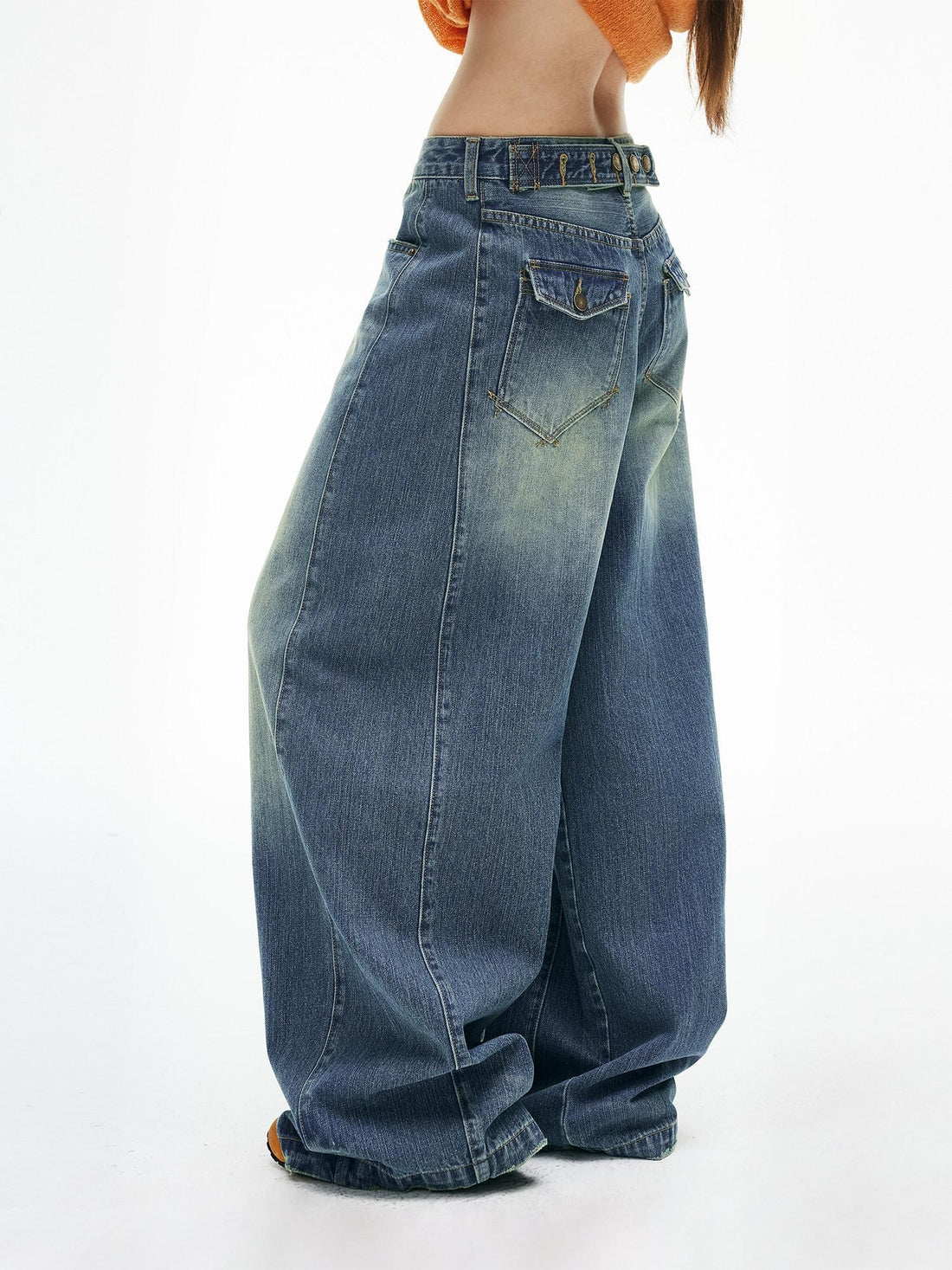 iamxiaa Faded Vintage Washed Blue Adjustable Back Waist Tab Women&