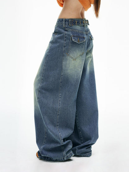 iamxiaa Faded Vintage Washed Blue Adjustable Back Waist Tab Women&