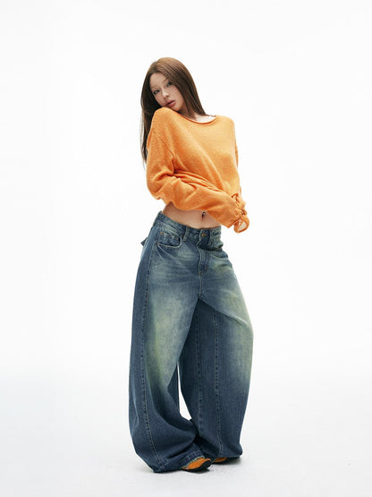 iamxiaa Faded Vintage Washed Blue Adjustable Back Waist Tab Women&
