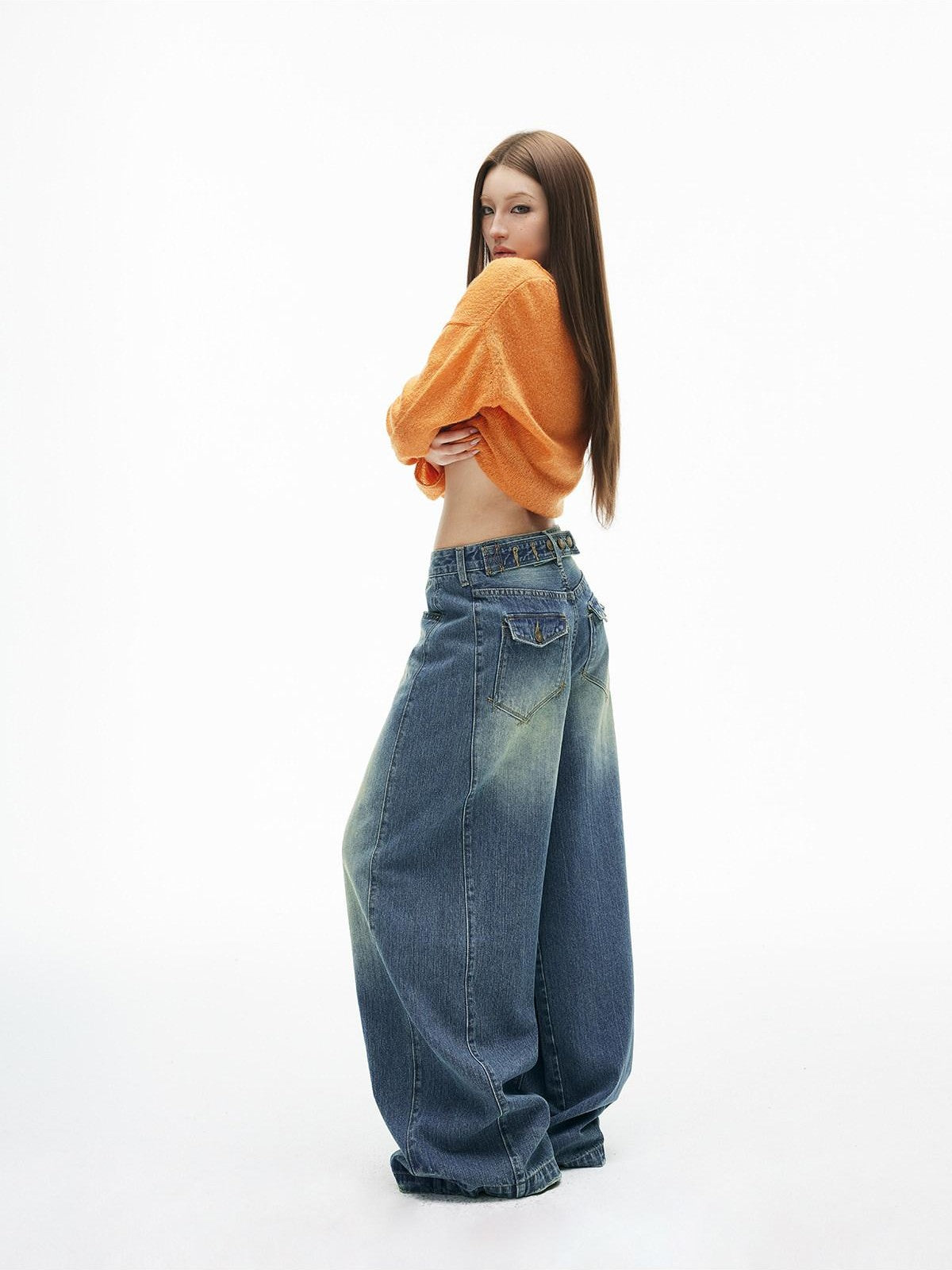 iamxiaa Faded Vintage Washed Blue Adjustable Back Waist Tab Women&