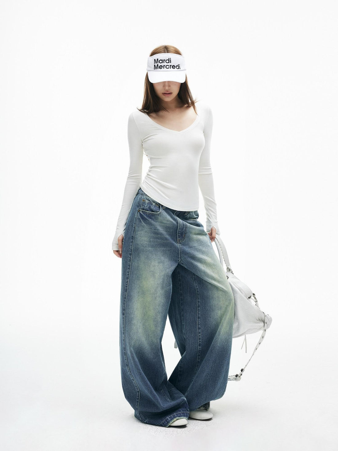iamxiaa Faded Vintage Washed Blue Adjustable Back Waist Tab Women&