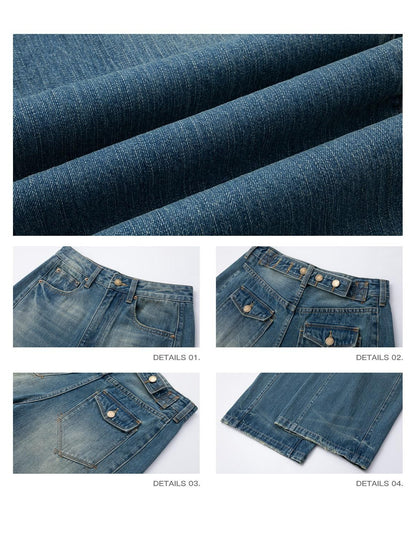 iamxiaa Faded Vintage Washed Blue Adjustable Back Waist Tab Women&