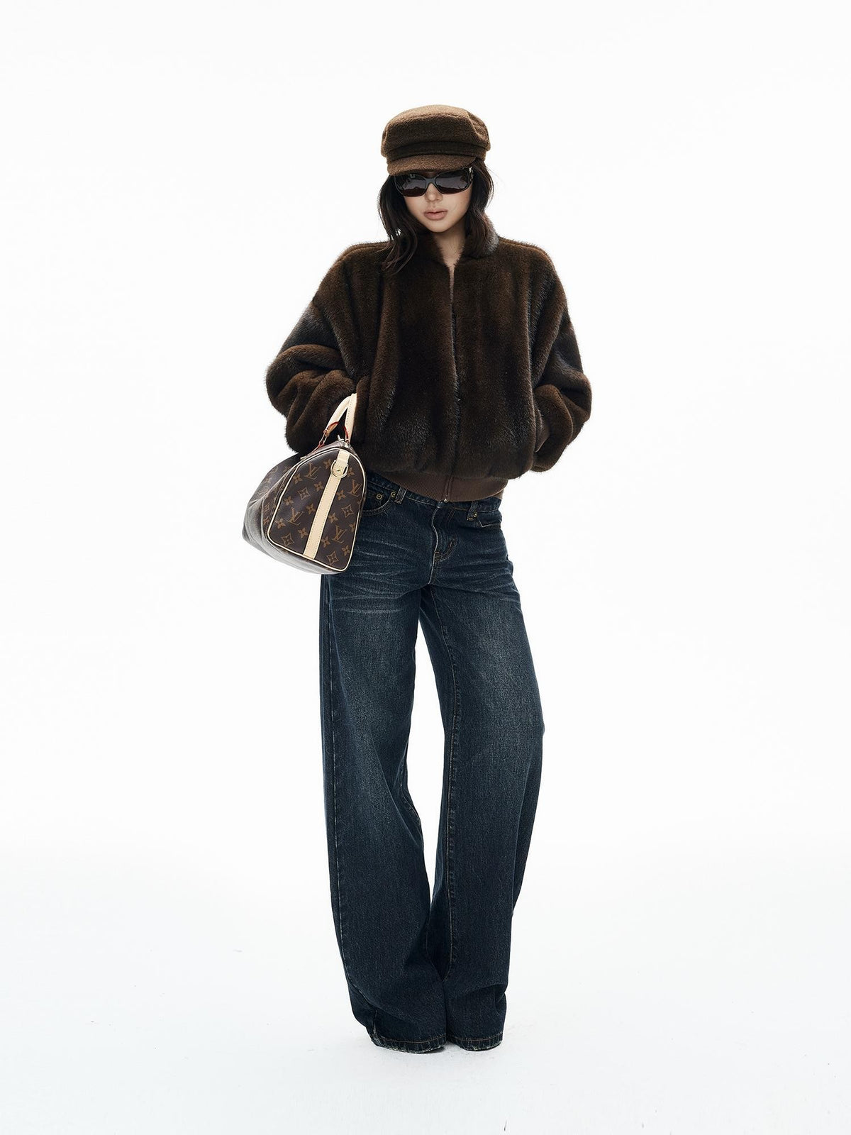 iamxiaa Faux Mink Faux Fur Ribbed Baseball Collar Zip Loose Short Women&