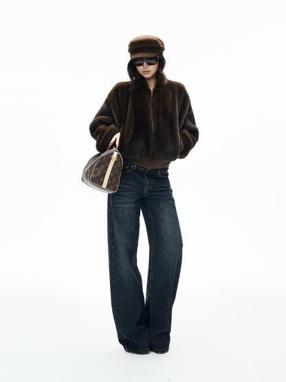 iamxiaa Faux Mink Faux Fur Ribbed Baseball Collar Zip Loose Short Women&