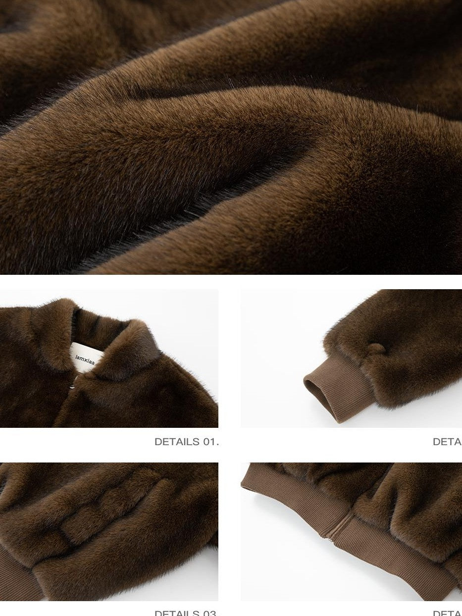 iamxiaa Faux Mink Faux Fur Ribbed Baseball Collar Zip Loose Short Women&