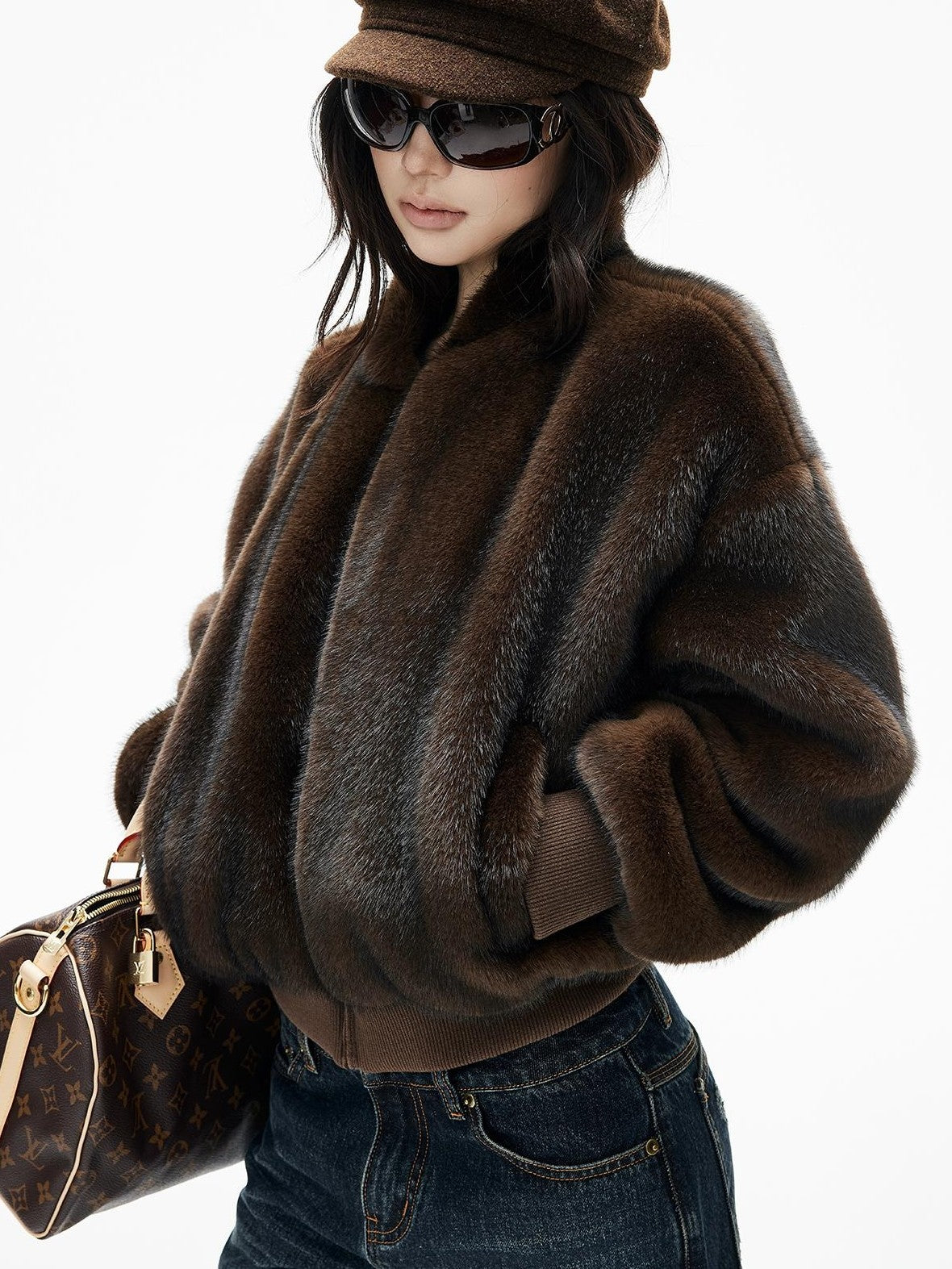 iamxiaa Faux Mink Faux Fur Ribbed Baseball Collar Zip Loose Short Women&