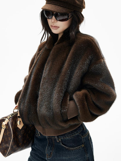 iamxiaa Faux Mink Faux Fur Ribbed Baseball Collar Zip Loose Short Women&