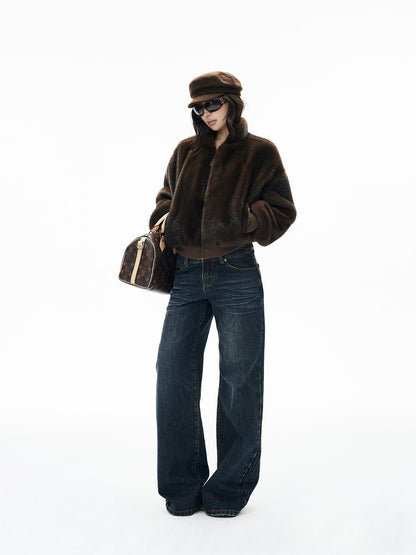 iamxiaa Faux Mink Faux Fur Ribbed Baseball Collar Zip Loose Short Women&