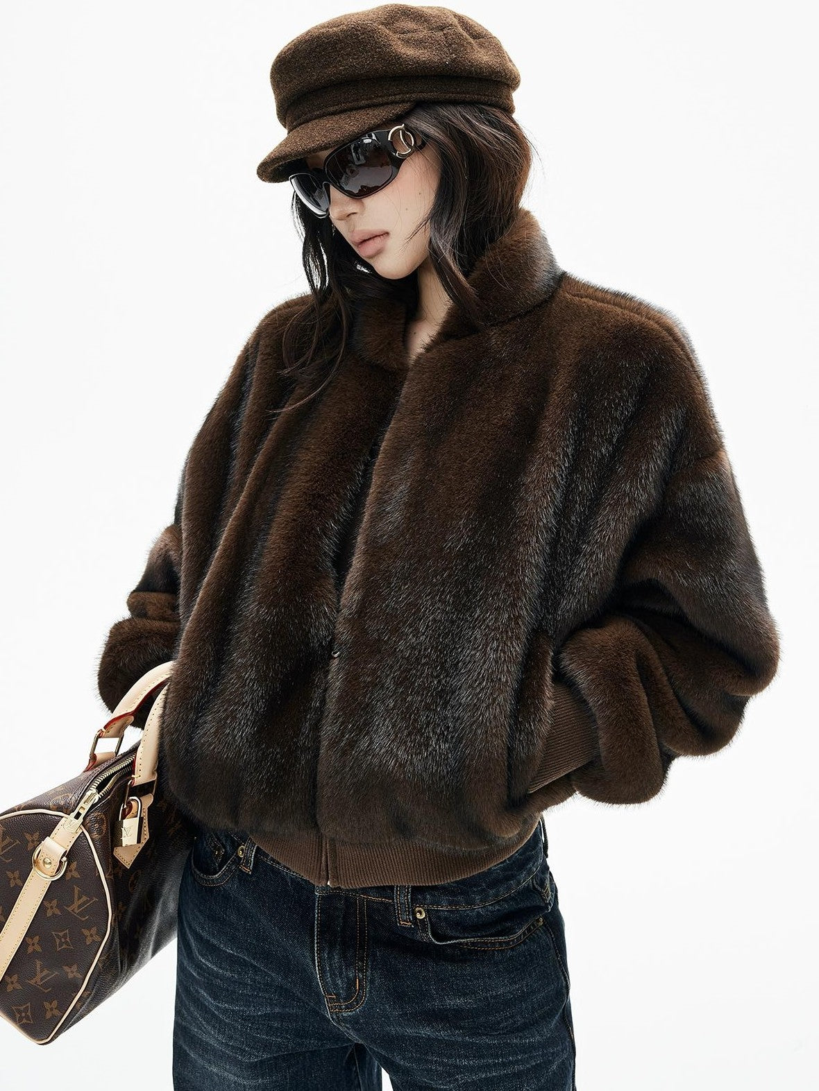 iamxiaa Faux Mink Faux Fur Ribbed Baseball Collar Zip Loose Short Women&
