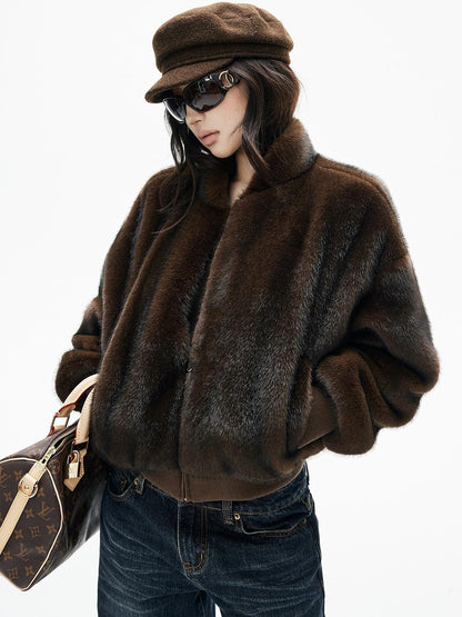 iamxiaa Faux Mink Faux Fur Ribbed Baseball Collar Zip Loose Short Women&