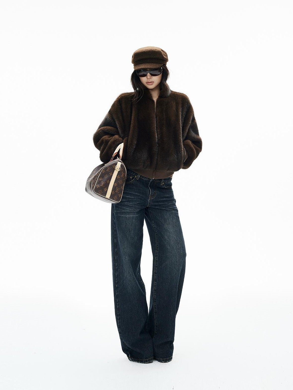 iamxiaa Faux Mink Faux Fur Ribbed Baseball Collar Zip Loose Short Women&