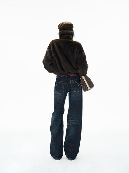iamxiaa Faux Mink Faux Fur Ribbed Baseball Collar Zip Loose Short Women&