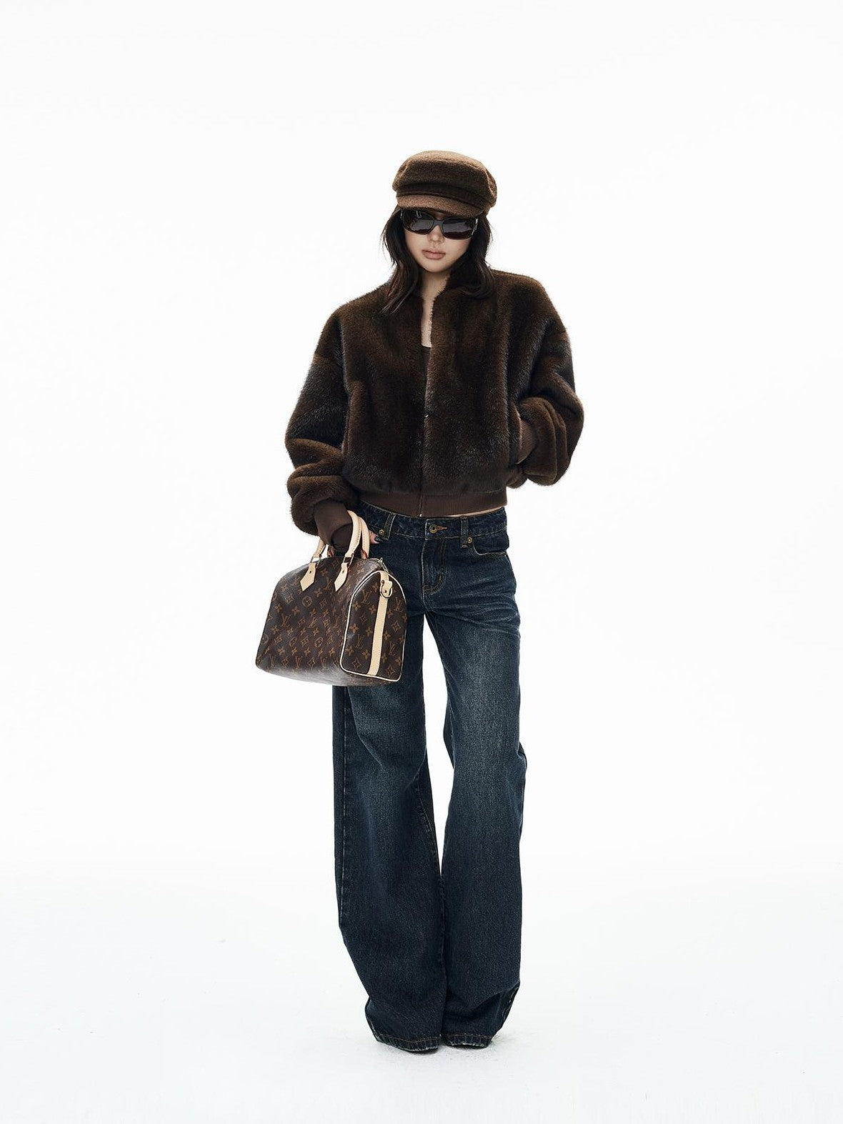 iamxiaa Faux Mink Faux Fur Ribbed Baseball Collar Zip Loose Short Women&