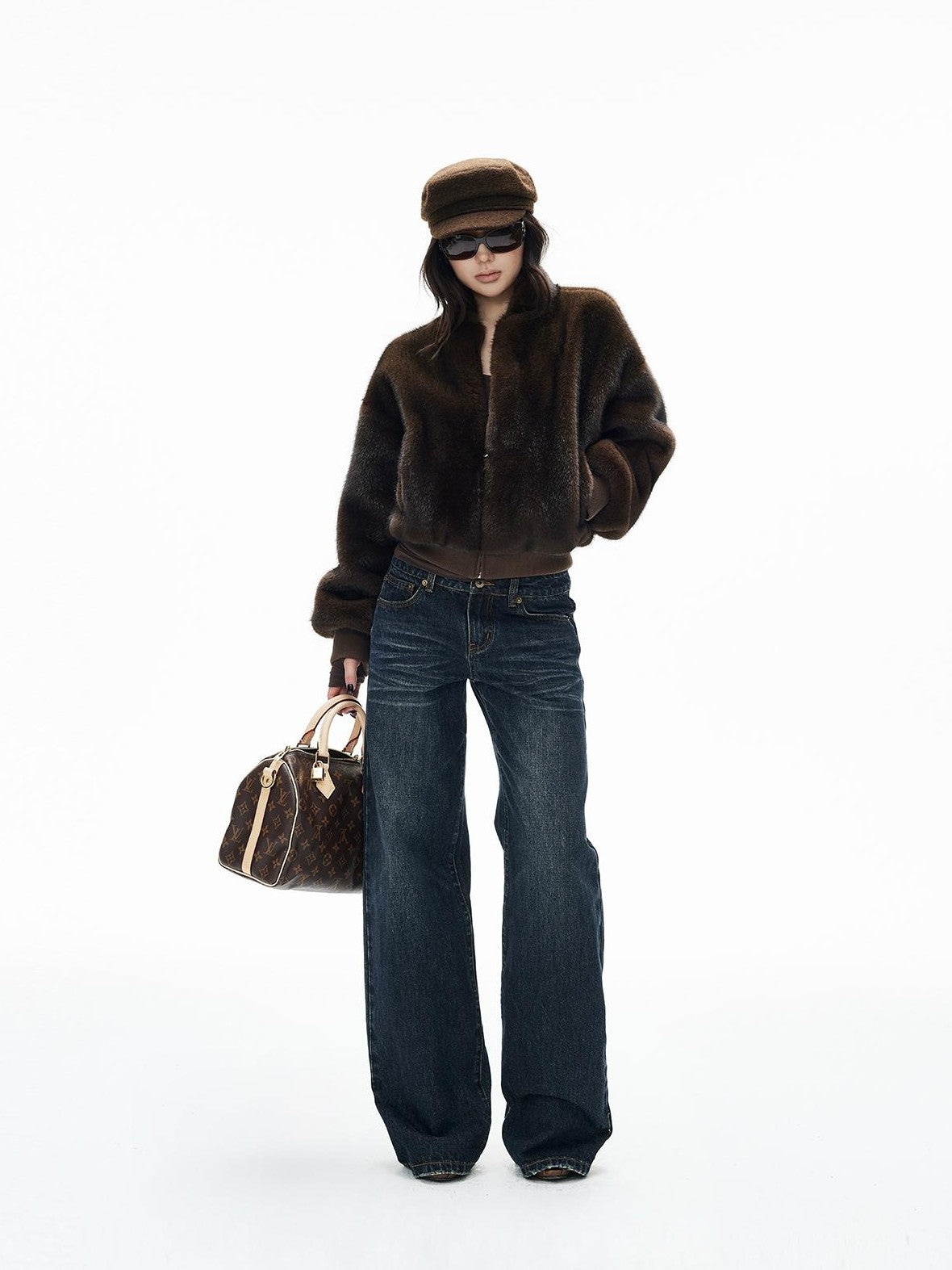 iamxiaa Faux Mink Faux Fur Ribbed Baseball Collar Zip Loose Short Women&