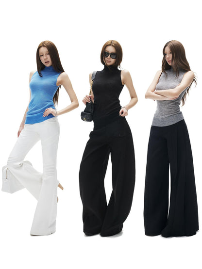 iamxiaa Fine Knit Sheer Stand Collar Slim Rolled Hem Women&