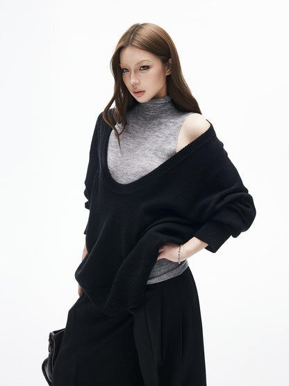 iamxiaa Fine Knit Sheer Stand Collar Slim Rolled Hem Women&