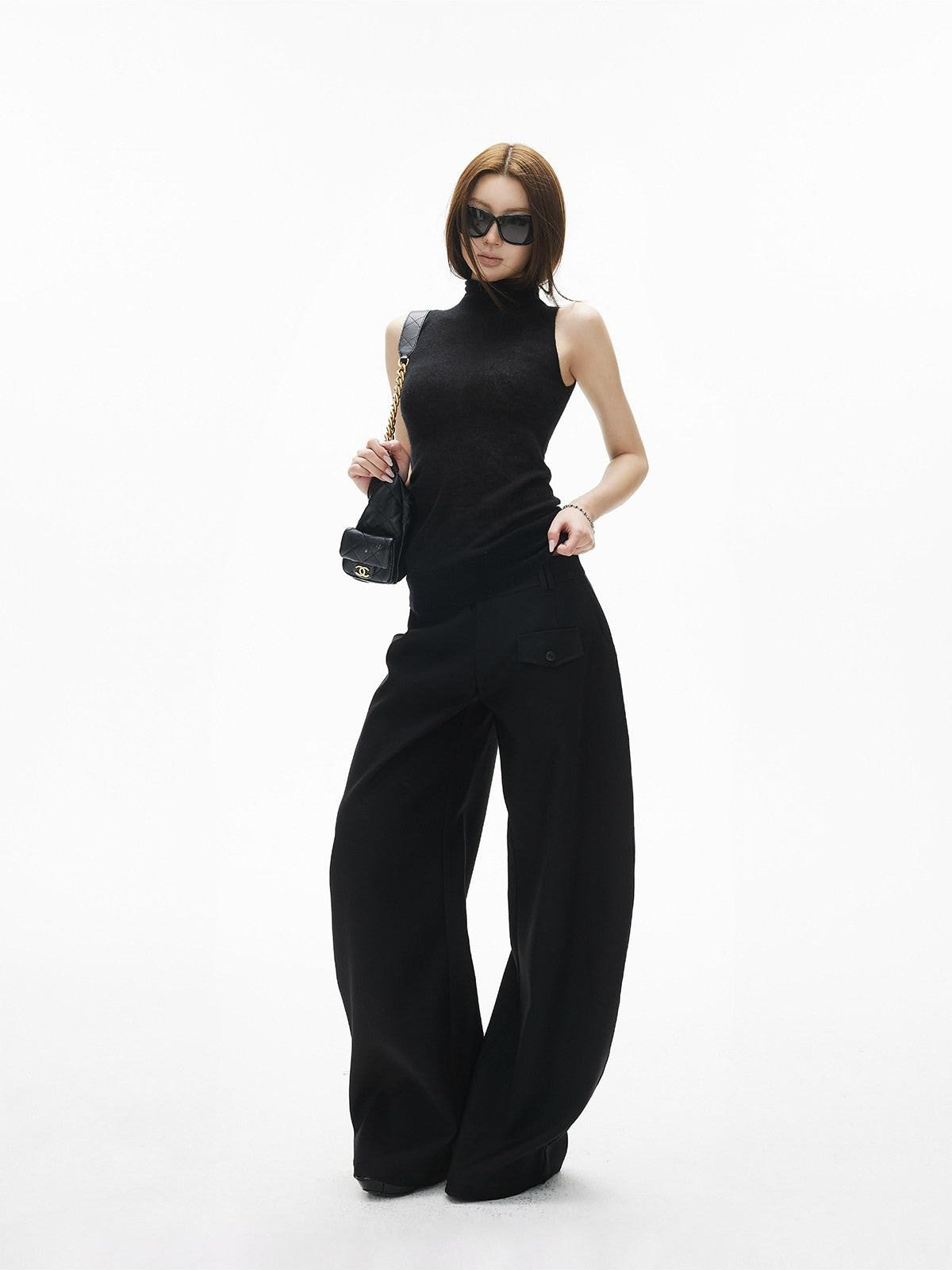 iamxiaa Fine Knit Sheer Stand Collar Slim Rolled Hem Women&