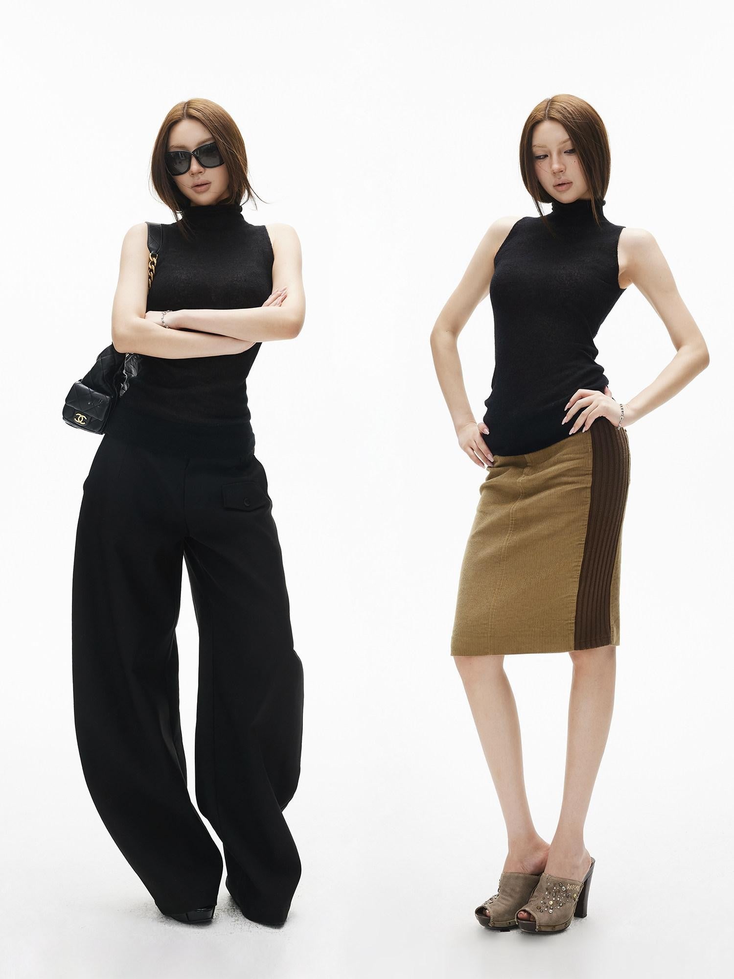 iamxiaa Fine Knit Sheer Stand Collar Slim Rolled Hem Women&