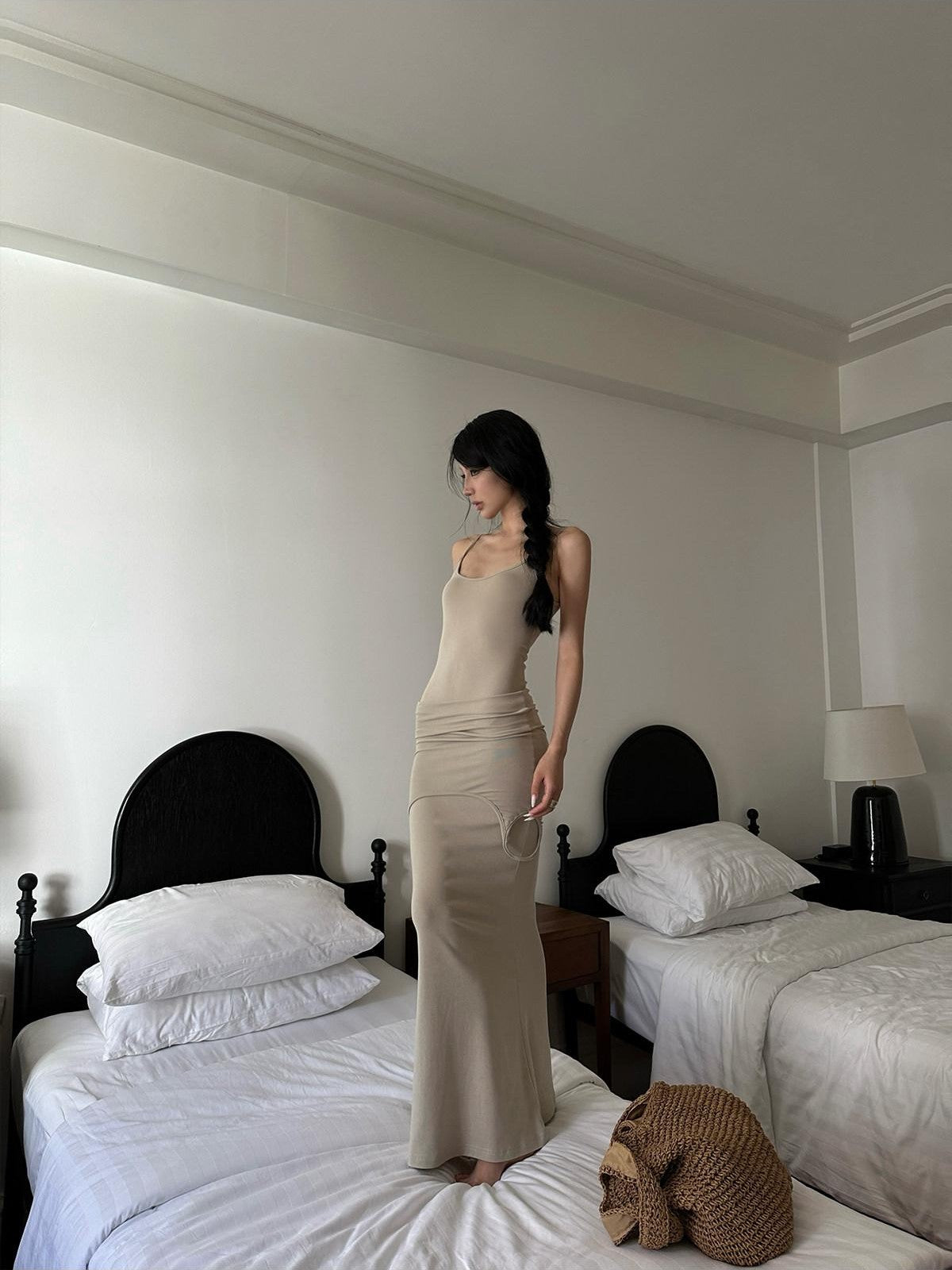 iamxiaa Folded Two Tone Waist Layered Slim Spaghetti Strap Women&