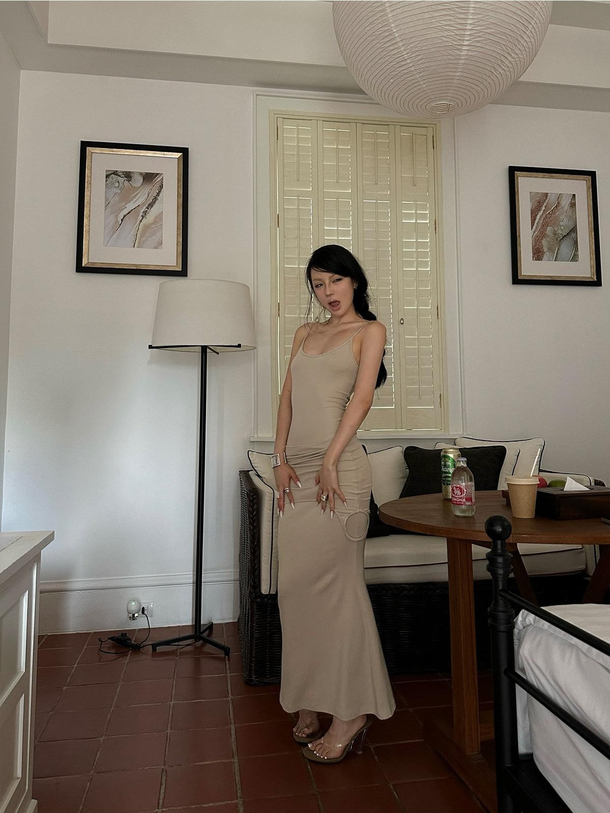 iamxiaa Folded Two Tone Waist Layered Slim Spaghetti Strap Women&
