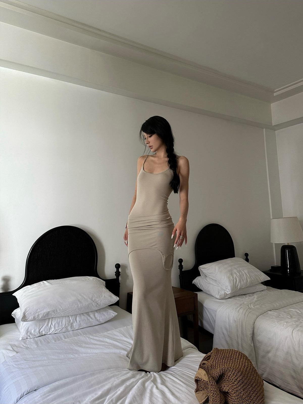 iamxiaa Folded Two Tone Waist Layered Slim Spaghetti Strap Women&