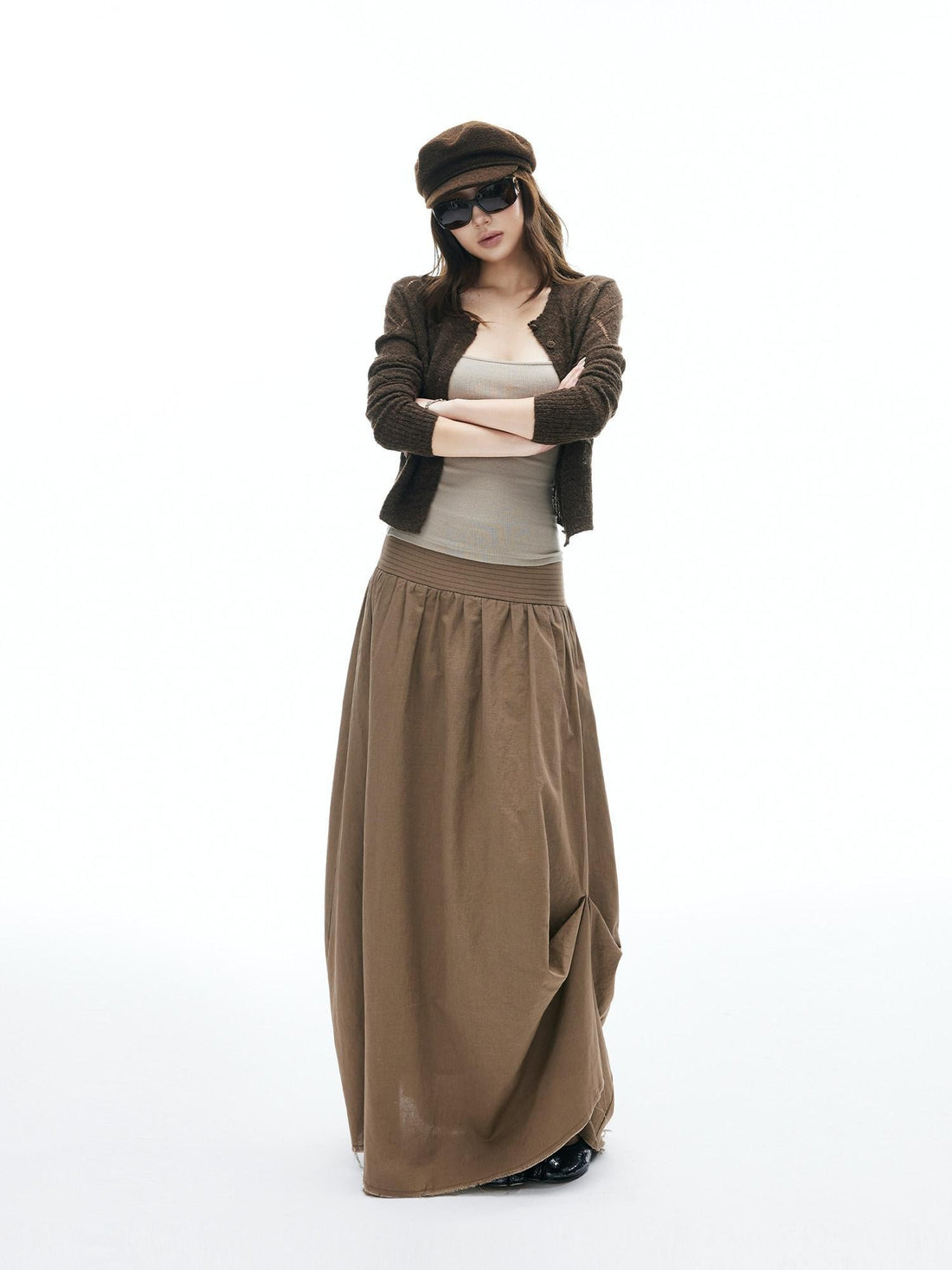 iamxiaa Frayed Panel Pleat Wide Waistband Asymmetric Women&