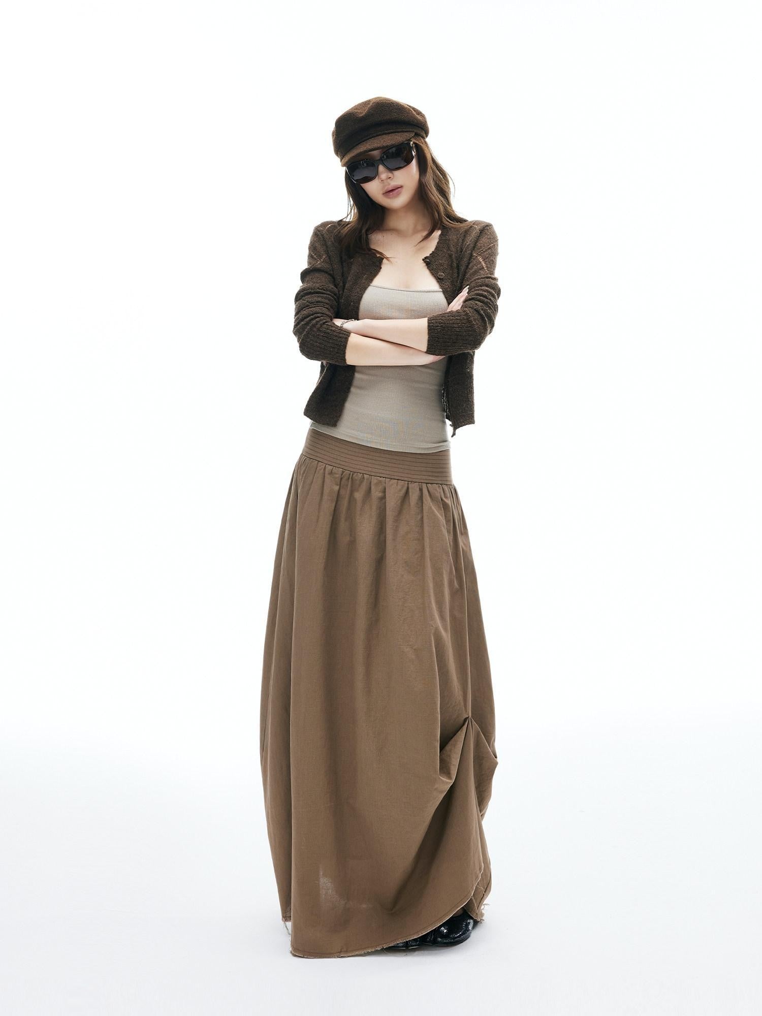 iamxiaa Frayed Panel Pleat Wide Waistband Asymmetric Women&