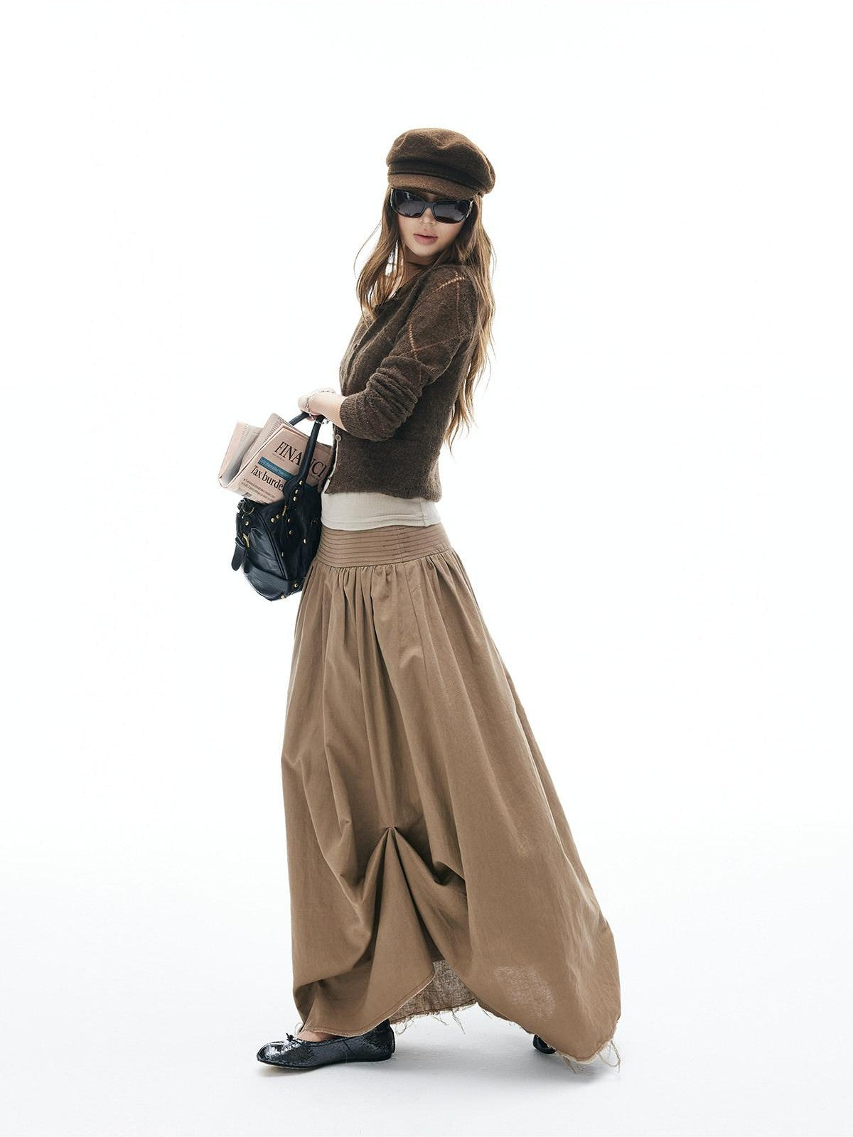 iamxiaa Frayed Panel Pleat Wide Waistband Asymmetric Women&