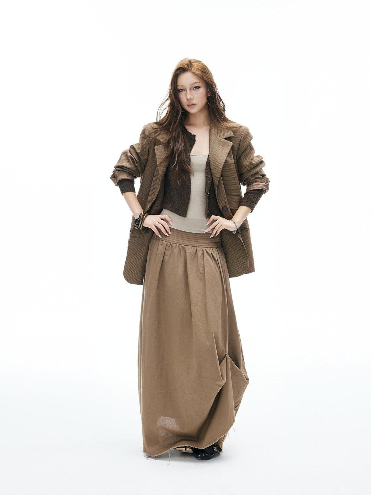 iamxiaa Frayed Panel Pleat Wide Waistband Asymmetric Women&
