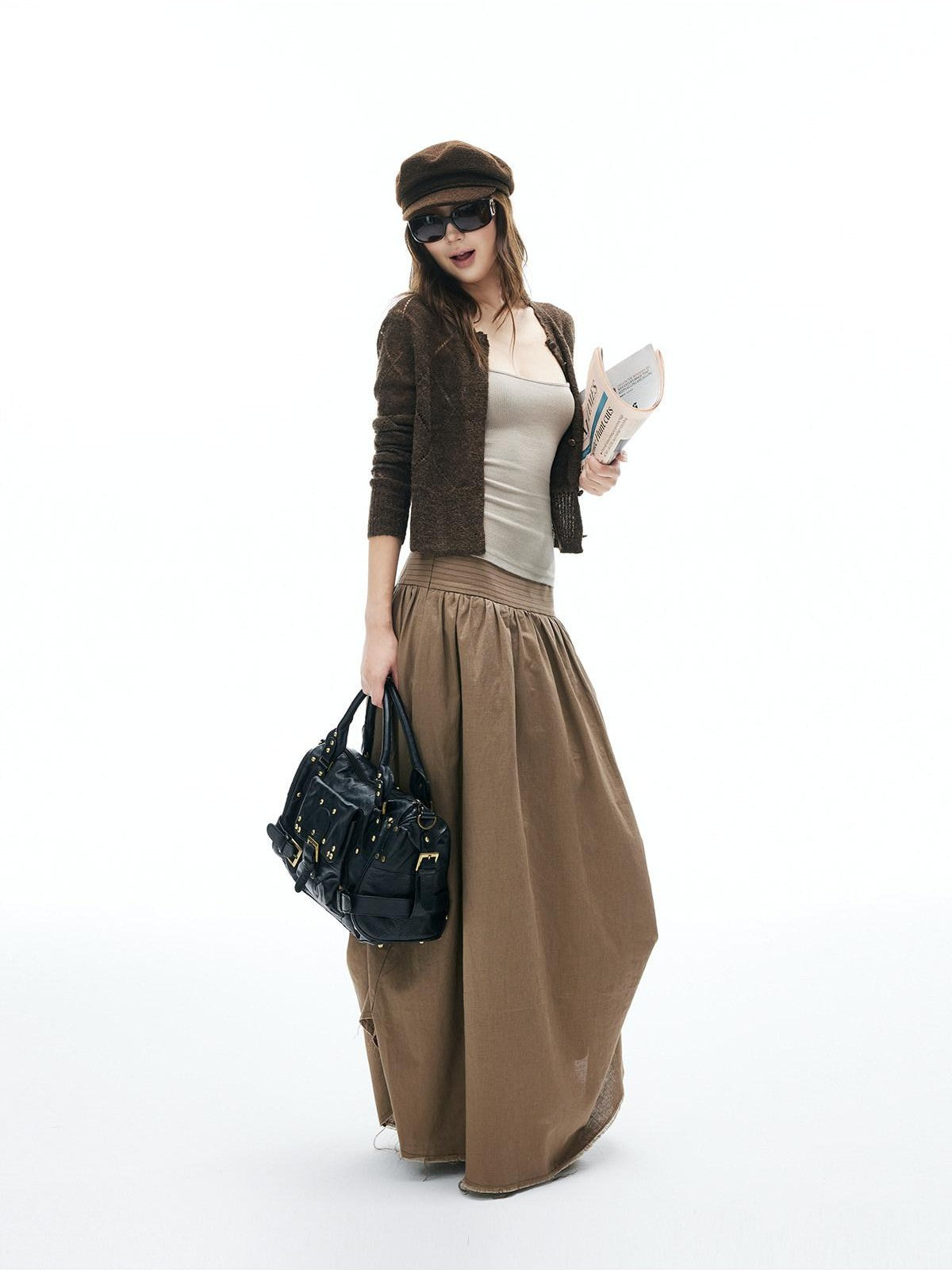 iamxiaa Frayed Panel Pleat Wide Waistband Asymmetric Women&