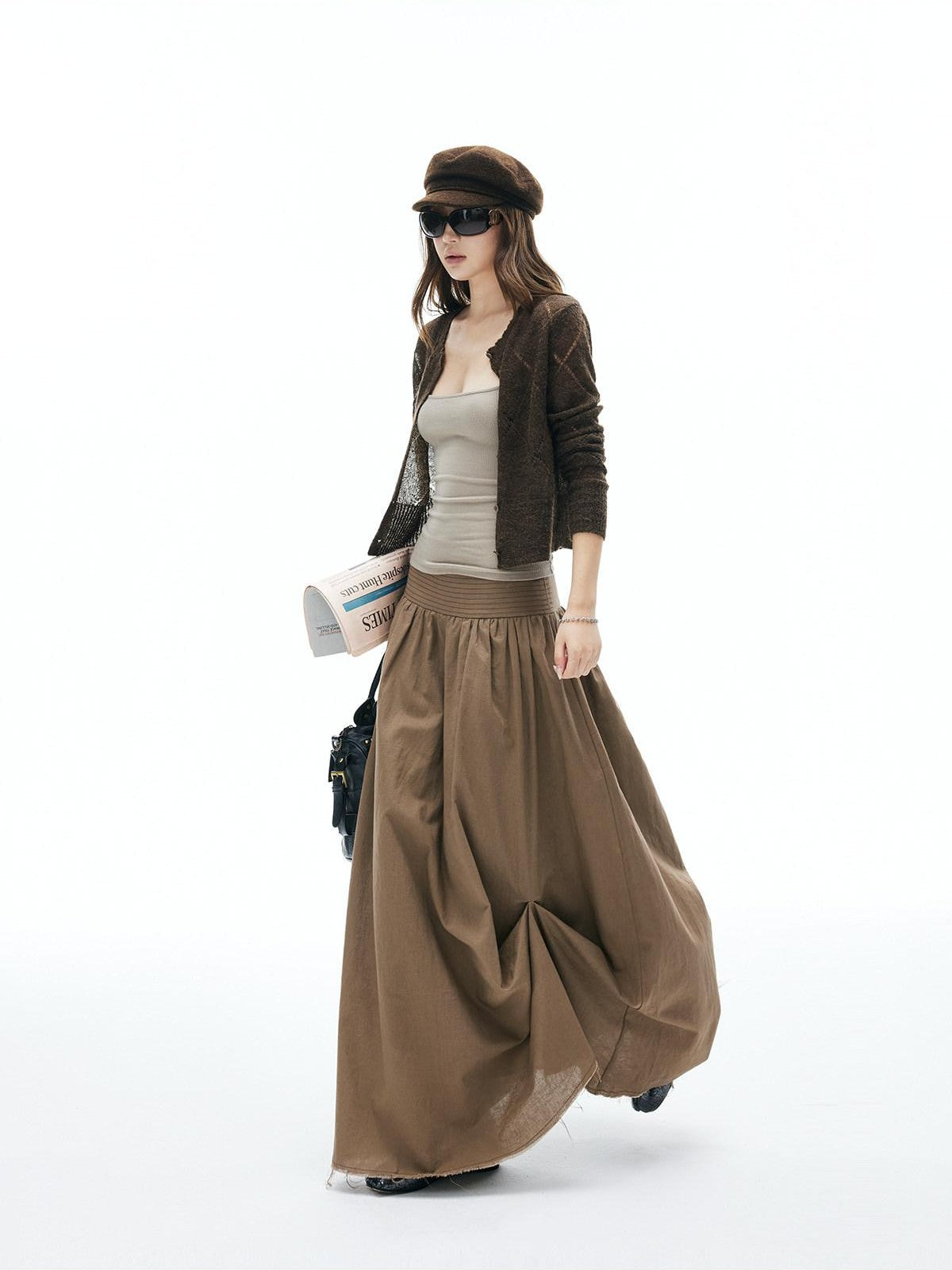 iamxiaa Frayed Panel Pleat Wide Waistband Asymmetric Women&