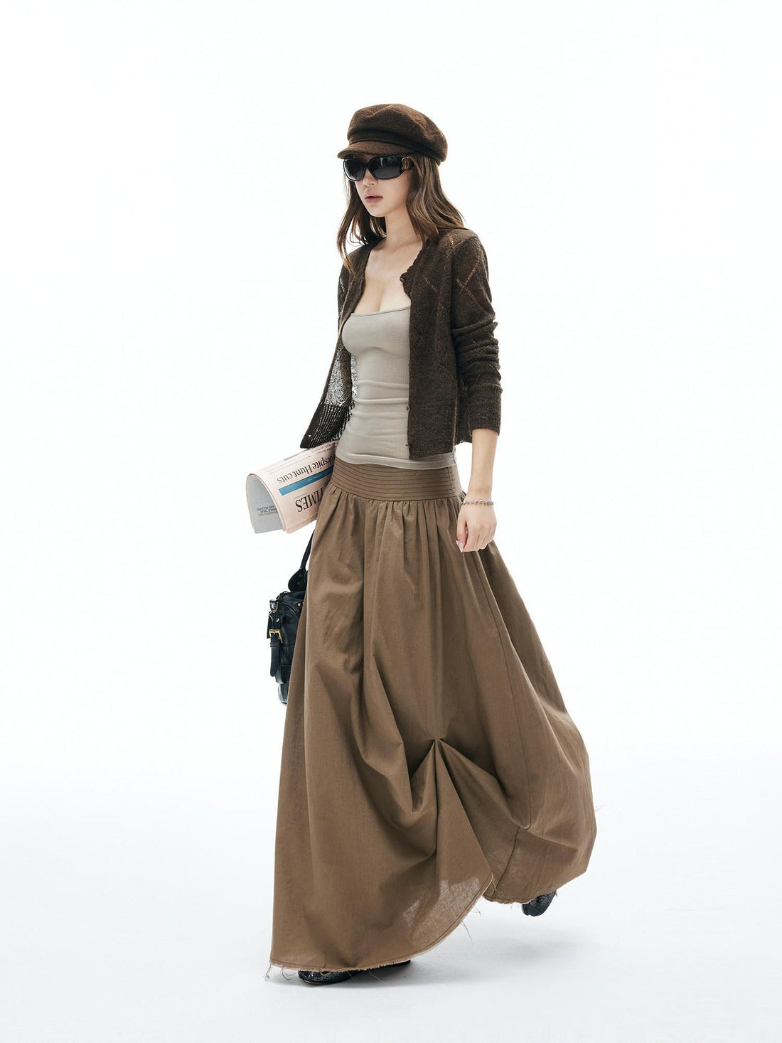 iamxiaa Frayed Panel Pleat Wide Waistband Asymmetric Women&