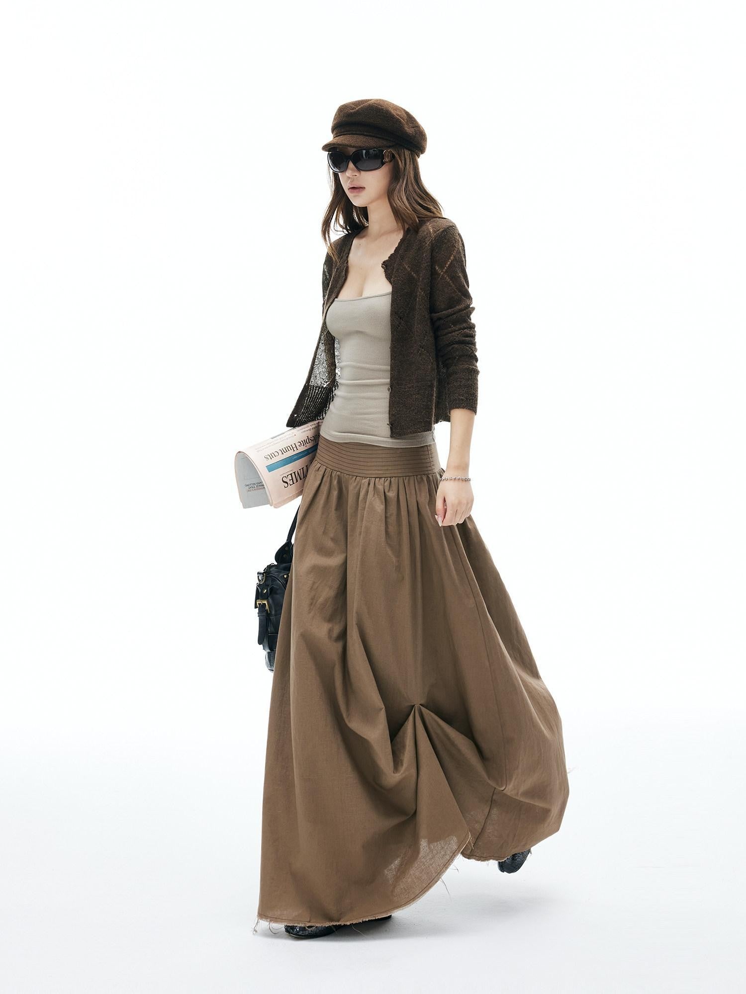 iamxiaa Frayed Panel Pleat Wide Waistband Asymmetric Women&