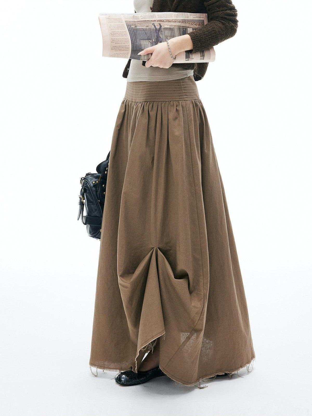 iamxiaa Frayed Panel Pleat Wide Waistband Asymmetric Women&